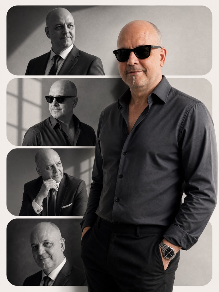 Portrait collage of Frank Bodmann in dark formalwear, including black-and-white studio portraits.