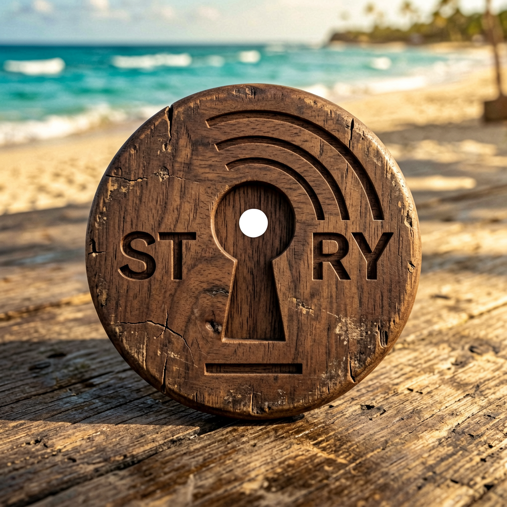 A wooden StoryGate emblem beside the sea